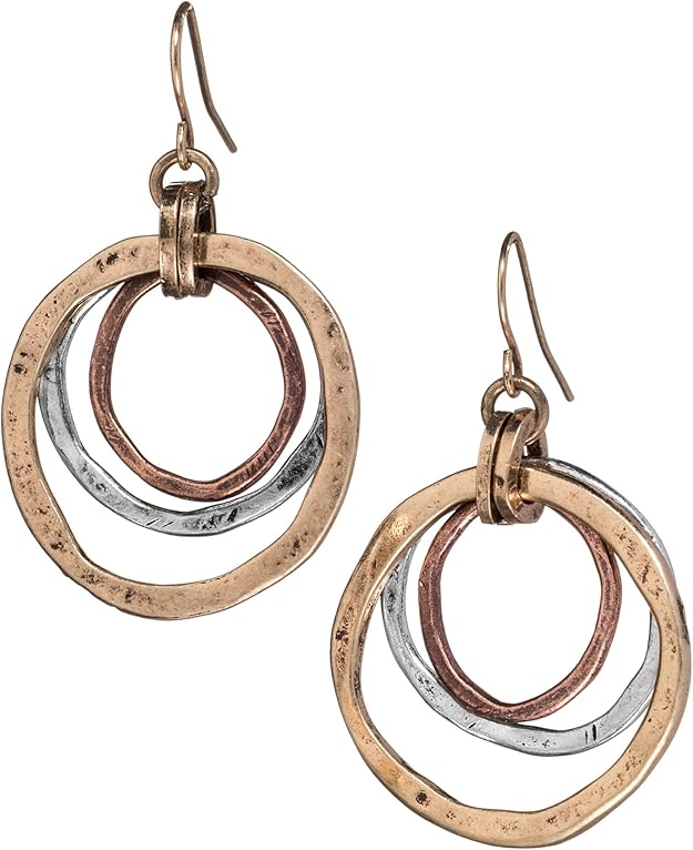 Handmade Sunrise Tricolor Dangle Earrings – Burnished Circles, Copper, Brass and Silverplated